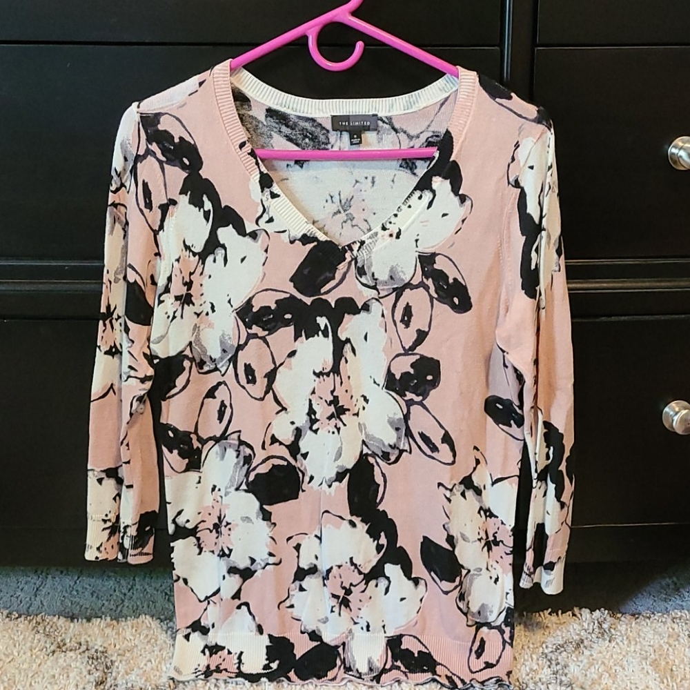 The Limited Pink and Black Floral V-Neck Sweater